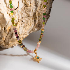 Popular Natural Stone Glass Bead Necklace with Stainless Steel Eight-Pointed Star Pendant