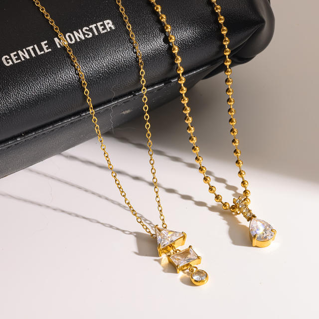 Dainty geometric diamond pendant stainless steel necklace