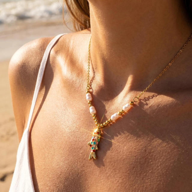 Summer enamel fish pendant pearl bead chain stainless steel necklace