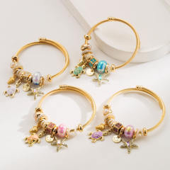 Seaside Holiday Style Diamond-encrusted Stainless Steel Bracelet with Starfish Turtle Pendant Adjustable Bracelet