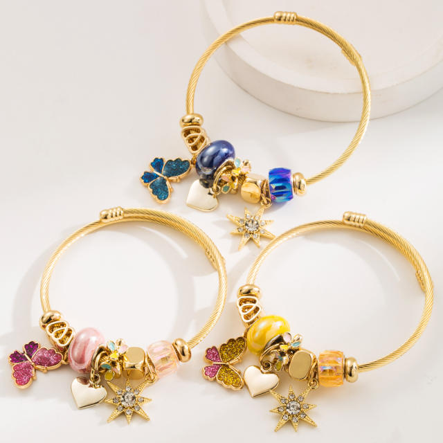 New Beaded Stainless Steel Bracelet Oil Dropping Butterfly Diamond Six-pointed Star Pendant