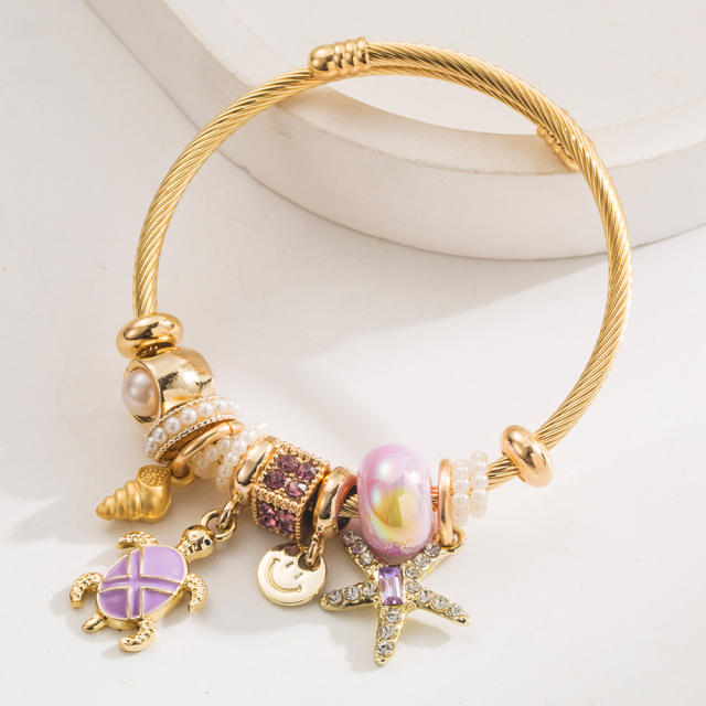 Seaside Holiday Style Diamond-encrusted Stainless Steel Bracelet with Starfish Turtle Pendant Adjustable Bracelet