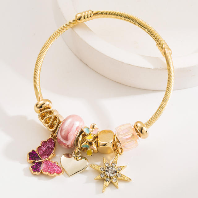 New Beaded Stainless Steel Bracelet Oil Dropping Butterfly Diamond Six-pointed Star Pendant
