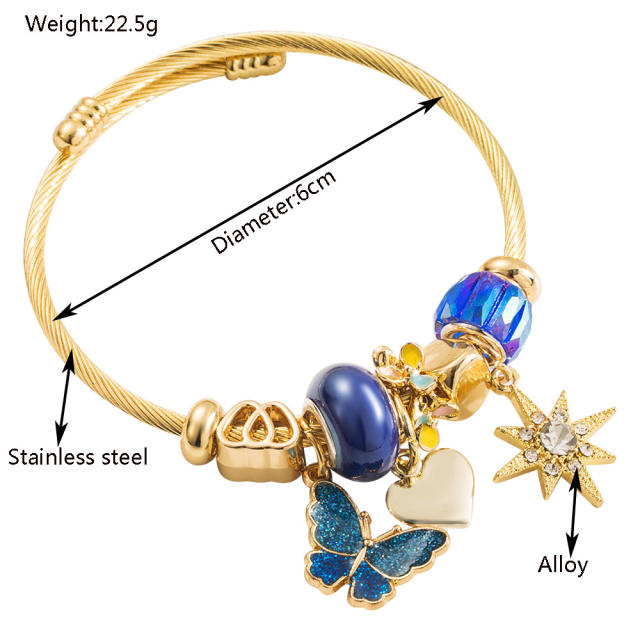 New Beaded Stainless Steel Bracelet Oil Dropping Butterfly Diamond Six-pointed Star Pendant