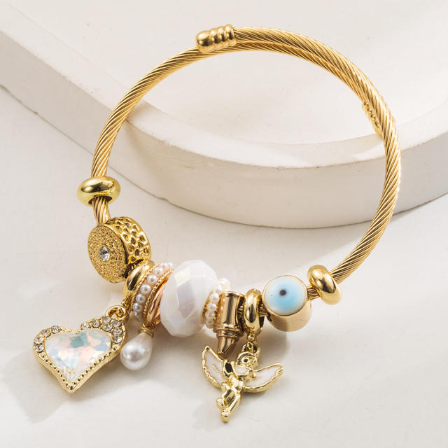 Handmade beaded stainless steel bracelet with love angel alloy accessories