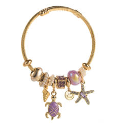 Seaside Holiday Style Diamond-encrusted Stainless Steel Bracelet with Starfish Turtle Pendant Adjustable Bracelet