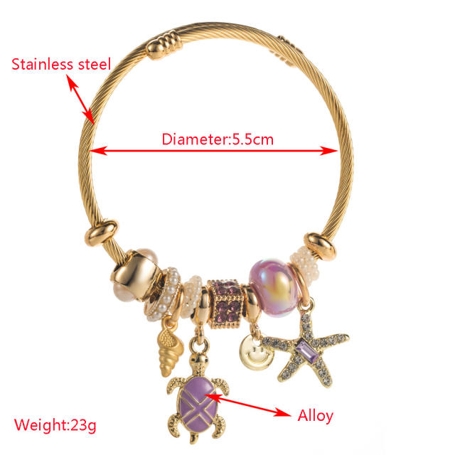 Seaside Holiday Style Diamond-encrusted Stainless Steel Bracelet with Starfish Turtle Pendant Adjustable Bracelet