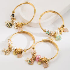 Stainless Steel charm Bracelet with Diamond Starfish Shell Pendant Adjustable Bracelet Seaside Holiday Style Bracelet for Women