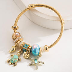 Seaside Holiday Style Diamond-encrusted Stainless Steel Bracelet with Starfish Turtle Pendant Adjustable Bracelet
