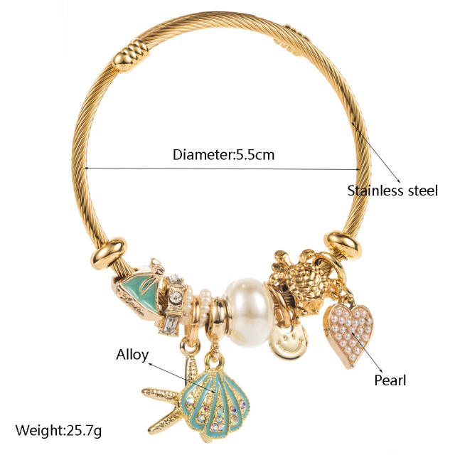 Stainless Steel charm Bracelet with Diamond Starfish Shell Pendant Adjustable Bracelet Seaside Holiday Style Bracelet for Women