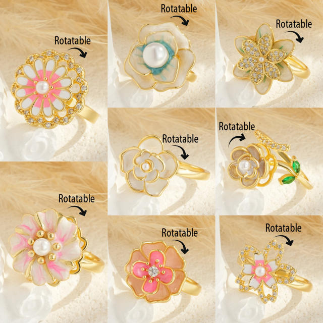 Rotatable Flower-Shaped Gold-Plated Pearl Ring with Enamel and Zircon