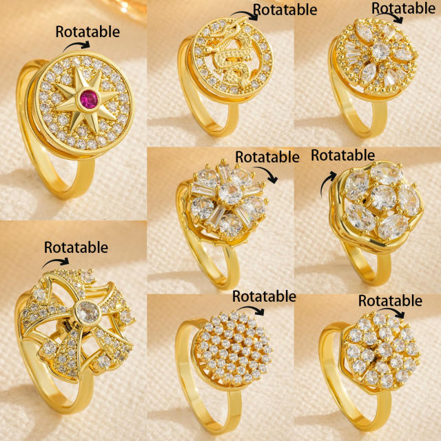 Delicate gold plated copper diamond rotatable rings for women