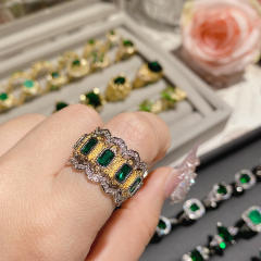 Luxury elegant emerald full diamond ring gold plated crystal ring