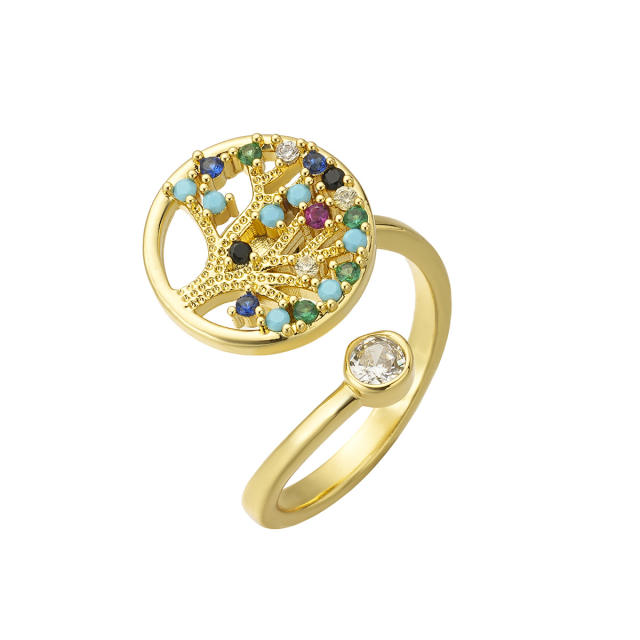 New Colorful Zircon Tree of Life Ring Copper Micro-Inlaid Ring for Women rotatable rings