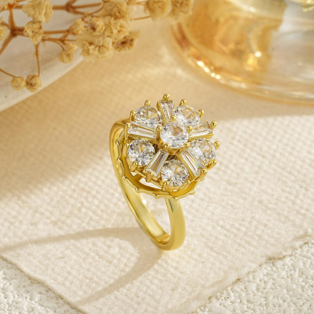 Delicate gold plated copper diamond rotatable rings for women