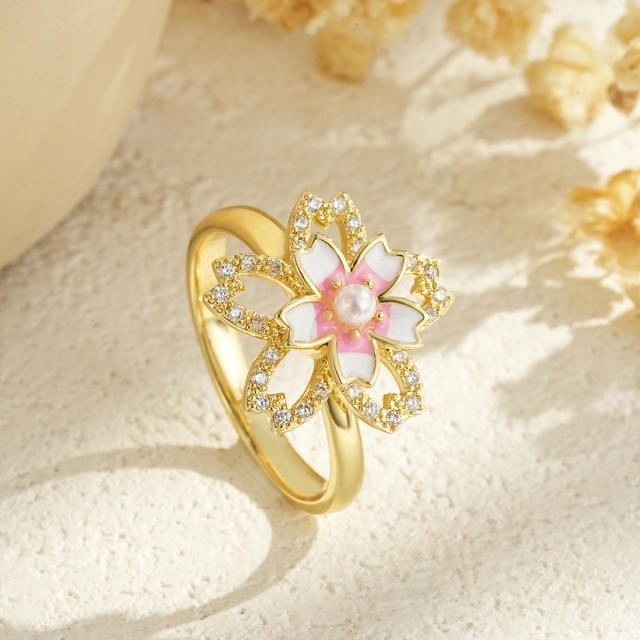Rotatable Flower-Shaped Gold-Plated Pearl Ring with Enamel and Zircon