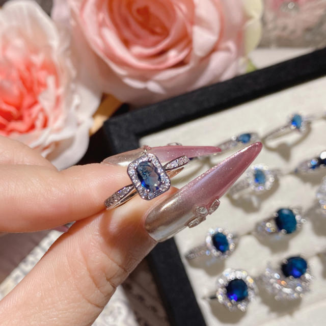 New Blue Corundum Color Treasure Ring French Luxury High Imitation Natural Diopside Ring
