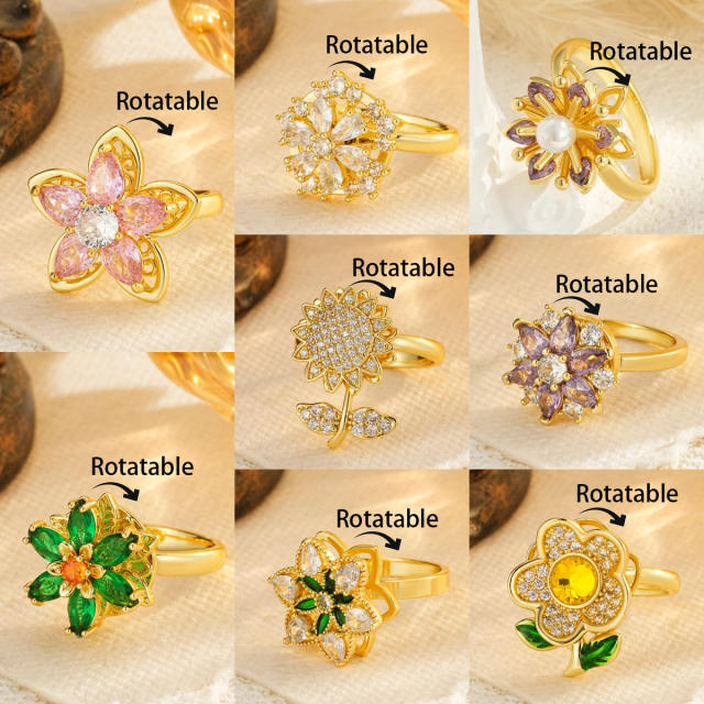 Floral Rotating Ring Fashionable Stress-Relief Jewelry Light Luxury Zircon-Encrusted Butterfly Ring