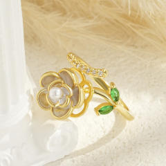 Rotatable Flower-Shaped Gold-Plated Pearl Ring with Enamel and Zircon