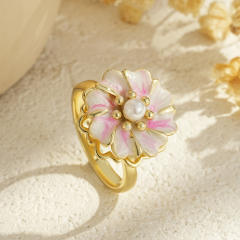 Rotatable Flower-Shaped Gold-Plated Pearl Ring with Enamel and Zircon