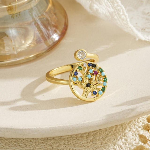 New Colorful Zircon Tree of Life Ring Copper Micro-Inlaid Ring for Women rotatable rings