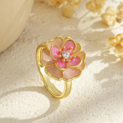 Rotatable Flower-Shaped Gold-Plated Pearl Ring with Enamel and Zircon