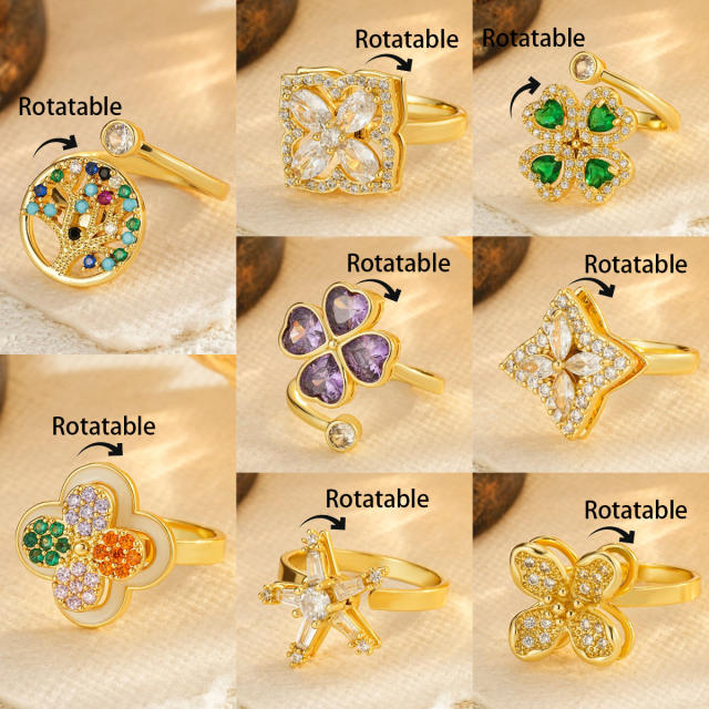 New Colorful Zircon Tree of Life Ring Copper Micro-Inlaid Ring for Women rotatable rings