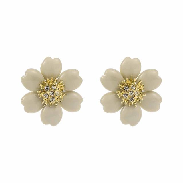 Sweet Fresh Holiday Style Enamel Colorful Flower Earrings with Diamonds Pearls