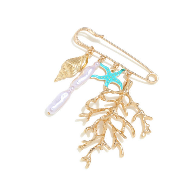Exaggerated Coral Oil-Drip Starfish Baroque Pearl Brooch with Creative Ocean Elements for Pants Waistband