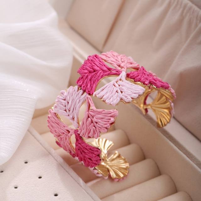 New Style Raffia Ginkgo Leaf Bracelet for Women Handmade Leaf Bangle