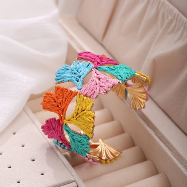 New Style Raffia Ginkgo Leaf Bracelet for Women Handmade Leaf Bangle