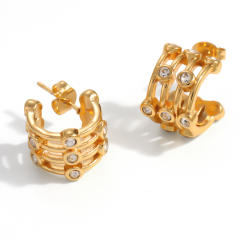 Stainless Steel Earrings C-Shaped Semi-Circle Hollow Design with Inlaid Diamonds earrings