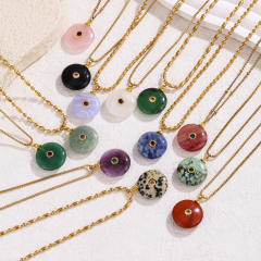 Boho rhinestone inlaid round natural stone pendant stainless steel necklace