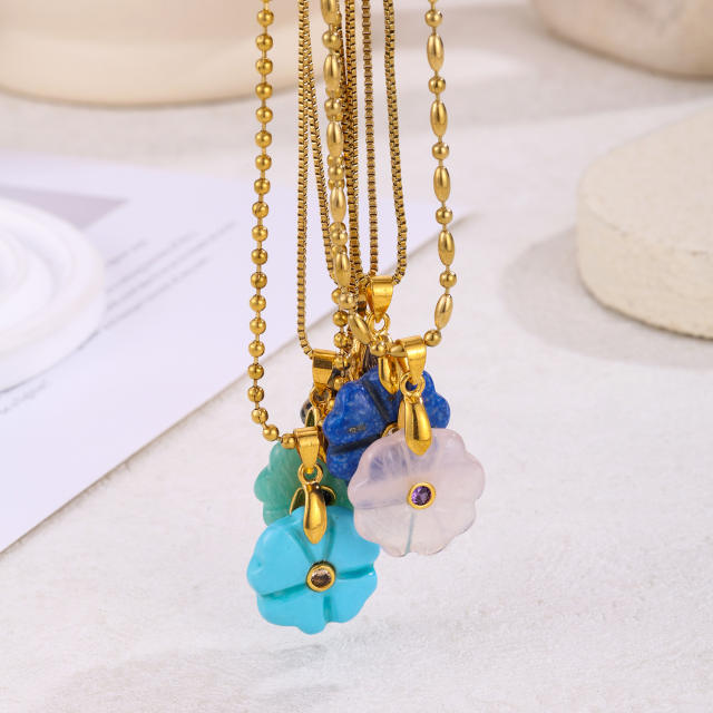 Multi-Color Personalized Natural Stone Flower pendant stainless steel Necklace