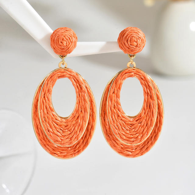 Hot Selling Geometric Oval Earrings Summer Sweet Raffia Hand-Woven Earrings