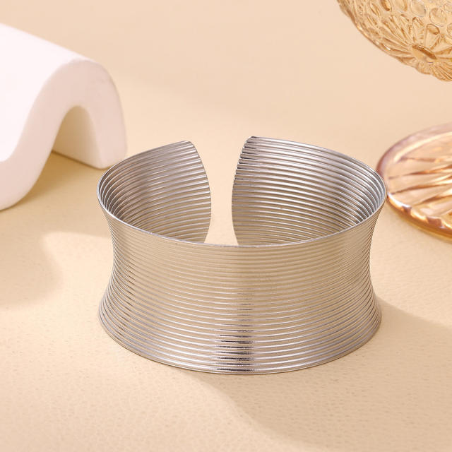 Geometric Lines Horizontal Stripe Open Bracelet Stainless Steel bangle Punk Style Metallic Bracelet