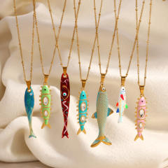Stainless Steel Necklace Ocean Style Inlaid Diamond Oil-Drip Deep Sea Fish pendant necklace