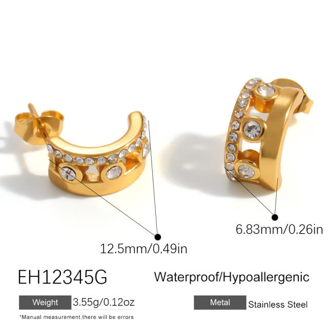Stainless Steel Earrings C-Shaped Semi-Circle Hollow Design with Inlaid Diamonds earrings