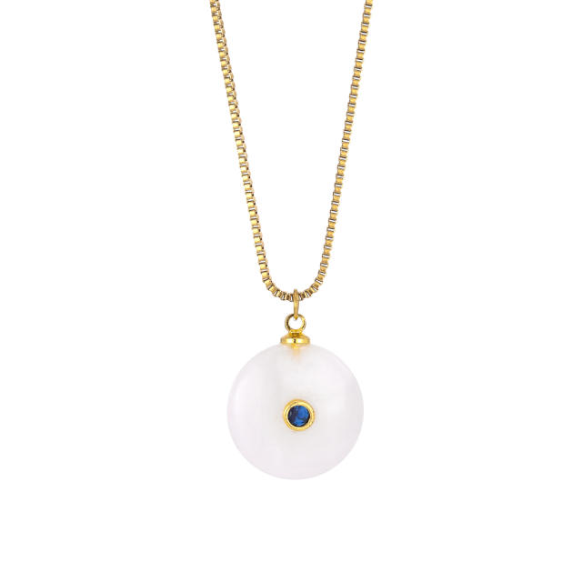 Boho rhinestone inlaid round natural stone pendant stainless steel necklace
