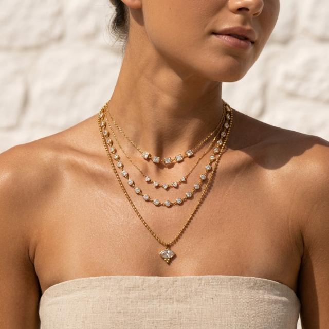 Luxury 18K Stainless Steel Zircon Necklace Round Diamond necklace