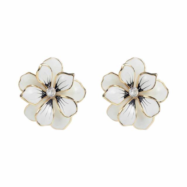 Sweet Fresh Holiday Style Enamel Colorful Flower Earrings with Diamonds Pearls