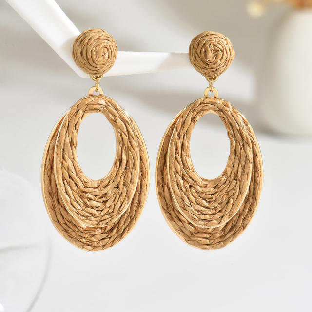 Hot Selling Geometric Oval Earrings Summer Sweet Raffia Hand-Woven Earrings