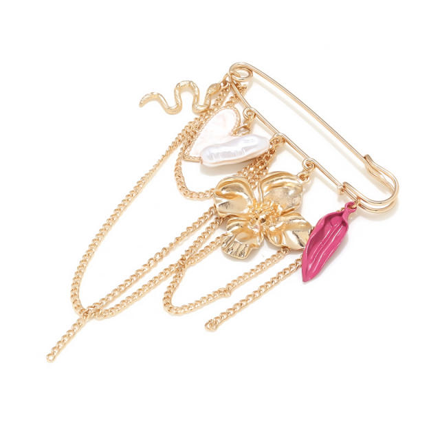Sweet Retro Style Pearl Heart Flower Brooch French Multi-Element Colorful Leaf Hat Pants Pin