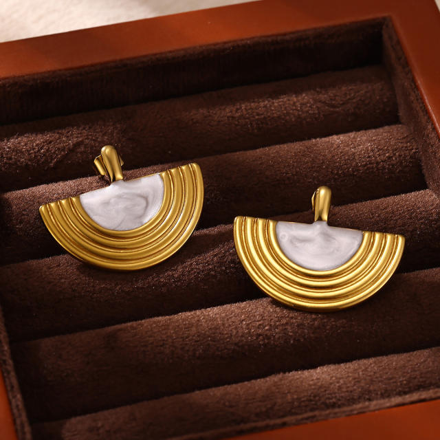 Vintage Fan-Shaped Geometric Earrings Semi-Circular Enamel stainless Steel Earrings
