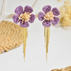 Bohemian raffia flower tassel earrings personality woven earrings
