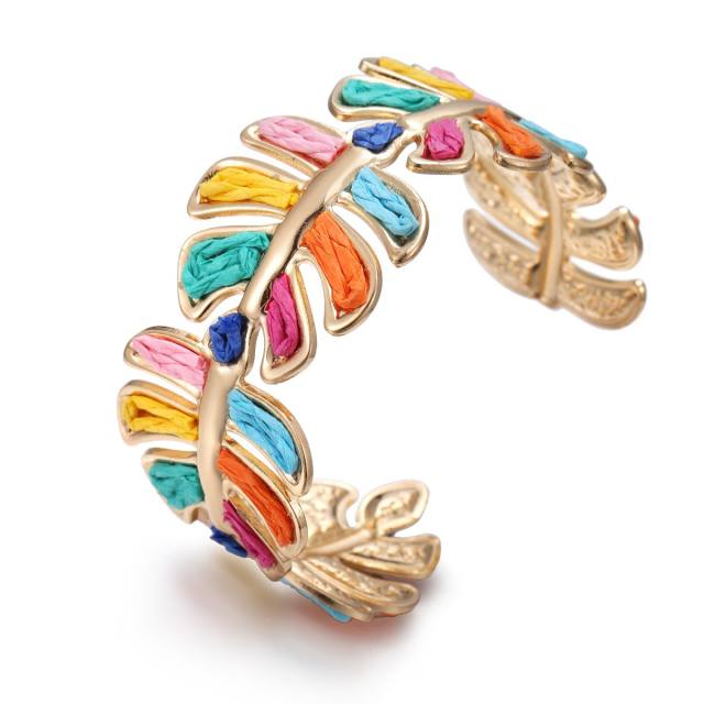 Fashion Raffia Leaf Bracelet for Women Simple Handmade Woven Leaf Bracelet