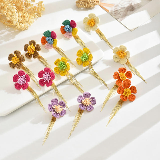 Bohemian raffia flower tassel earrings personality woven earrings