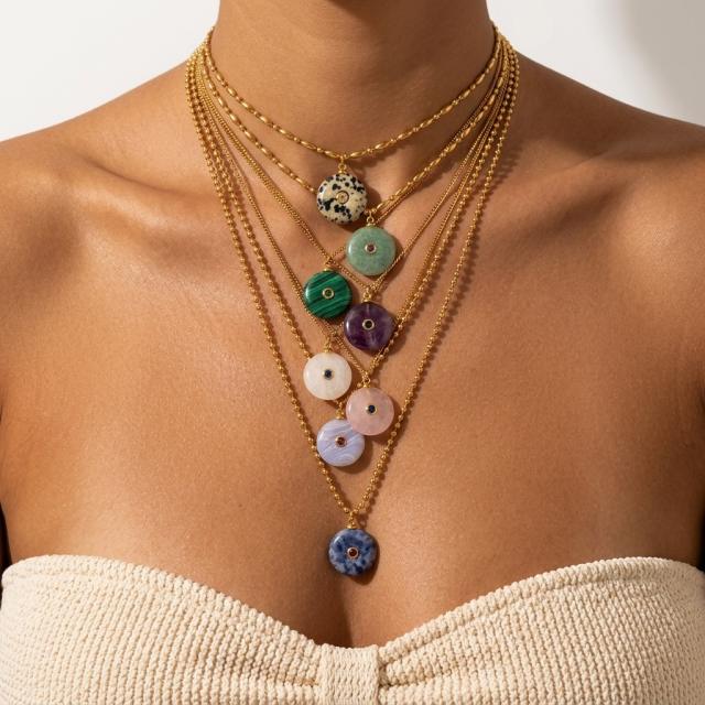 Boho rhinestone inlaid round natural stone pendant stainless steel necklace