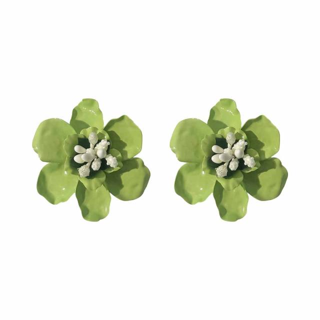 Sweet Fresh Holiday Style Enamel Colorful Flower Earrings with Diamonds Pearls