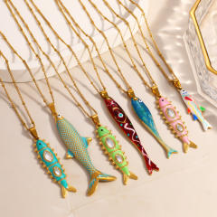 Stainless Steel Necklace Ocean Style Inlaid Diamond Oil-Drip Deep Sea Fish pendant necklace